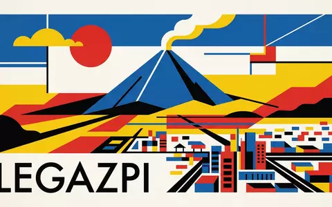 Bauhaus-Poster als geometrische Abstraktion von Mayon-Vulkan in Legazpi Philippinen, kraeftige Grundfarben und harte Formkanten - Foto: THN