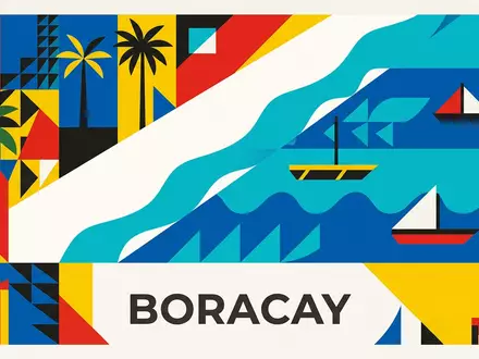 Bauhaus-Poster als geometrische Abstraktion von Boracay White Beach in Boracay Philippinen, kraeftige Grundfarben und harte - Foto: THN