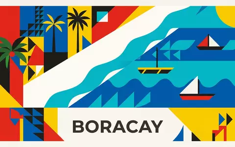 Bauhaus-Poster als geometrische Abstraktion von Boracay White Beach in Boracay Philippinen, kraeftige Grundfarben und harte - Foto: THN
