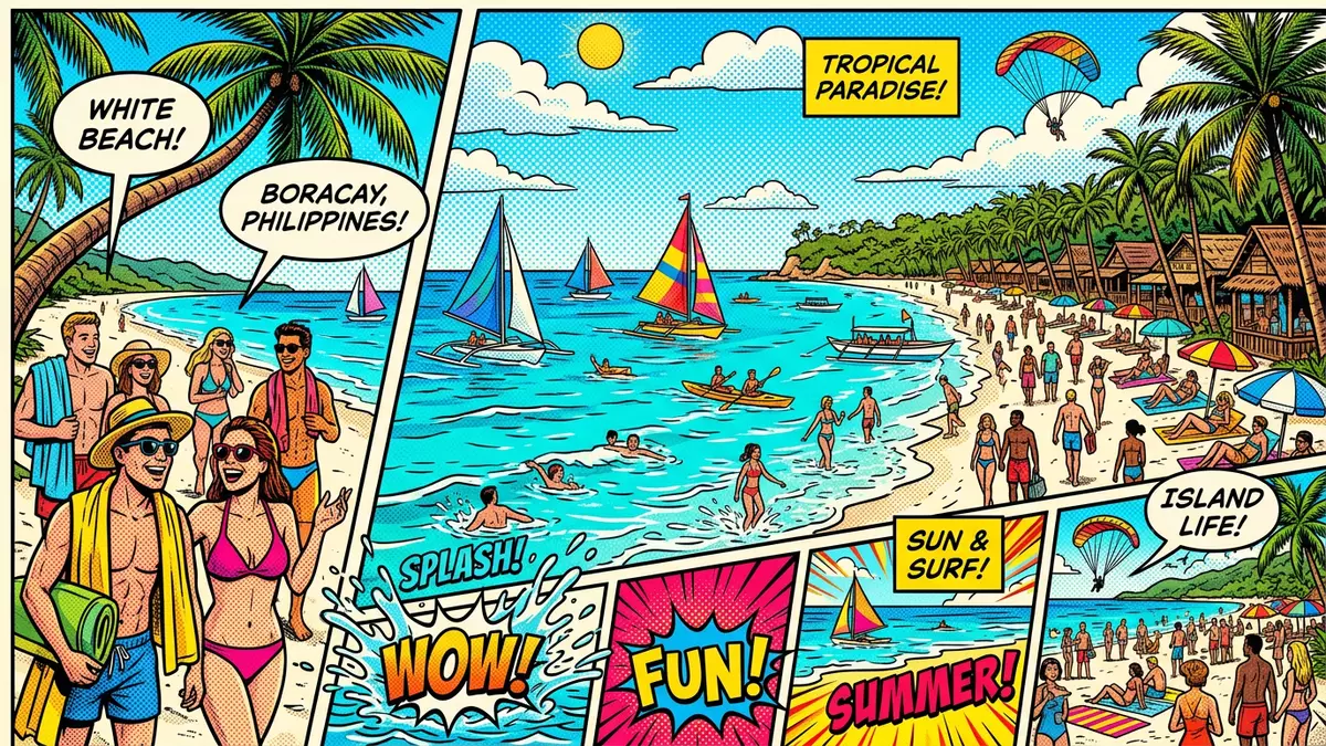 Pop-Art-Comic von Boracay White Beach in Boracay, Philippinen mit Rasterpunkten