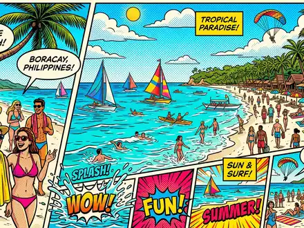 Pop-Art-Comicillustration des Wahrzeichens Boracay White Beach in Boracay Philippinen, kraeftige Konturen Rasterpunkte und satte Farben - Foto: THN