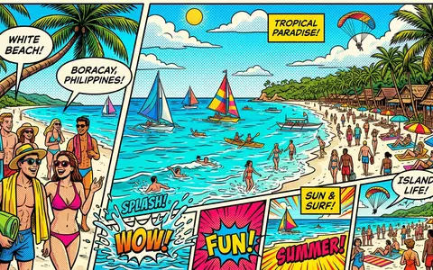 Pop-Art-Comicillustration des Wahrzeichens Boracay White Beach in Boracay Philippinen, kraeftige Konturen Rasterpunkte und satte Farben - Foto: THN
