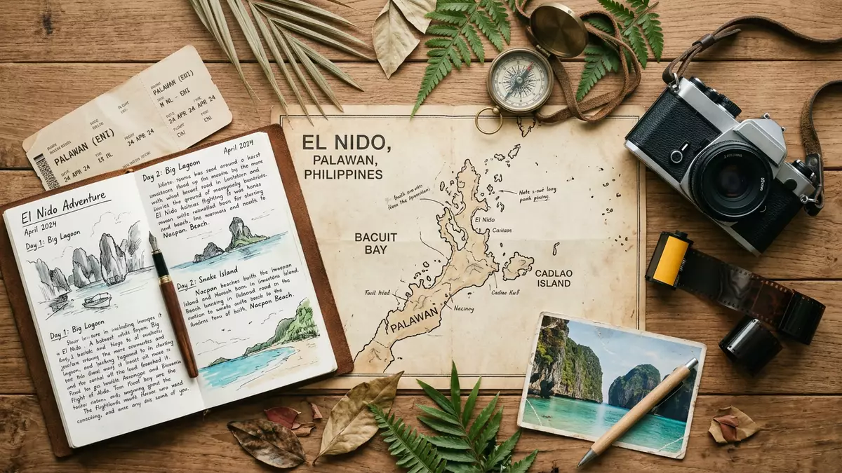Flatlay-Reise-Arrangement rund um El Nido Palawan in Palawan, Philippinen