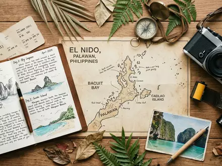 Flatlay-Reise-Arrangement rund um El Nido Palawan in Palawan Philippinen, Karte Kompass Kamera und generische Reiserequisiten - Foto: THN