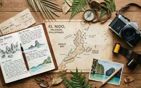 Flatlay-Reise-Arrangement rund um El Nido Palawan in Palawan Philippinen, Karte Kompass Kamera und generische Reiserequisiten - Foto: THN