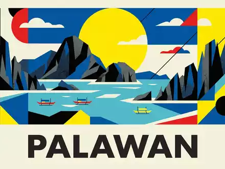 Bauhaus-Poster als geometrische Abstraktion von El Nido Palawan in Palawan Philippinen, kraeftige Grundfarben und harte - Foto: THN