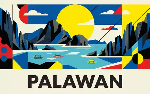 Bauhaus-Poster als geometrische Abstraktion von El Nido Palawan in Palawan Philippinen, kraeftige Grundfarben und harte - Foto: THN
