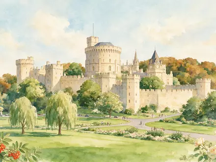 Aquarellillustration des Wahrzeichens Windsor Castle in Windsor Vereinigtes Königreich, weiche Farbverläufe und pastelliges Reiseposter-Feeling - Foto: THN