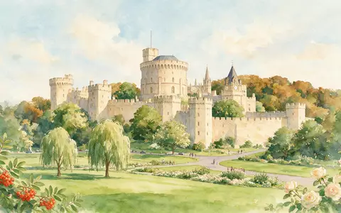 Aquarellillustration des Wahrzeichens Windsor Castle in Windsor Vereinigtes Königreich, weiche Farbverläufe und pastelliges Reiseposter-Feeling - Foto: THN