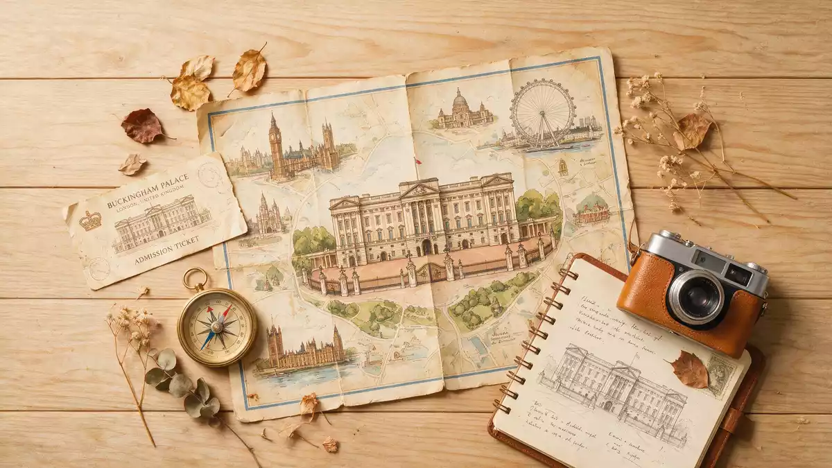 Flatlay-Reise-Arrangement rund um Buckingham Palace in London, Vereinigtes Königreich