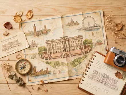 Flatlay-Reise-Arrangement rund um Buckingham Palace in London Vereinigtes Königreich, Karte Kompass Kamera und generische Reiserequisiten - Foto: THN