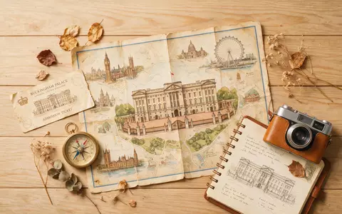 Flatlay-Reise-Arrangement rund um Buckingham Palace in London Vereinigtes Königreich, Karte Kompass Kamera und generische Reiserequisiten - Foto: THN