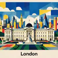 Bauhaus-Poster als geometrische Abstraktion von Buckingham Palace in London Vereinigtes Königreich, kraeftige Grundfarben und harte - Foto: THN