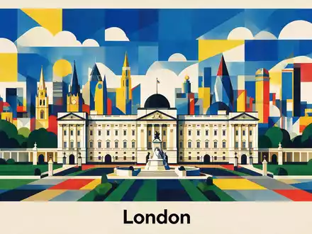 Bauhaus-Poster als geometrische Abstraktion von Buckingham Palace in London Vereinigtes Königreich, kraeftige Grundfarben und harte - Foto: THN