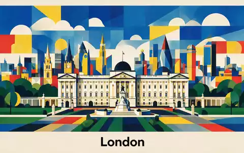 Bauhaus-Poster als geometrische Abstraktion von Buckingham Palace in London Vereinigtes Königreich, kraeftige Grundfarben und harte - Foto: THN
