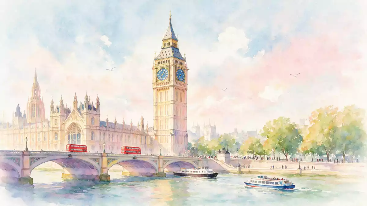 Aquarell-Illustration von Big Ben London in London, Vereinigtes Königreich als Reiseposter
