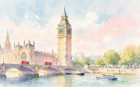 Aquarellillustration des Wahrzeichens Big Ben London in London Vereinigtes Königreich, weiche Farbverläufe und pastelliges Reiseposter-Feeling - Foto: THN
