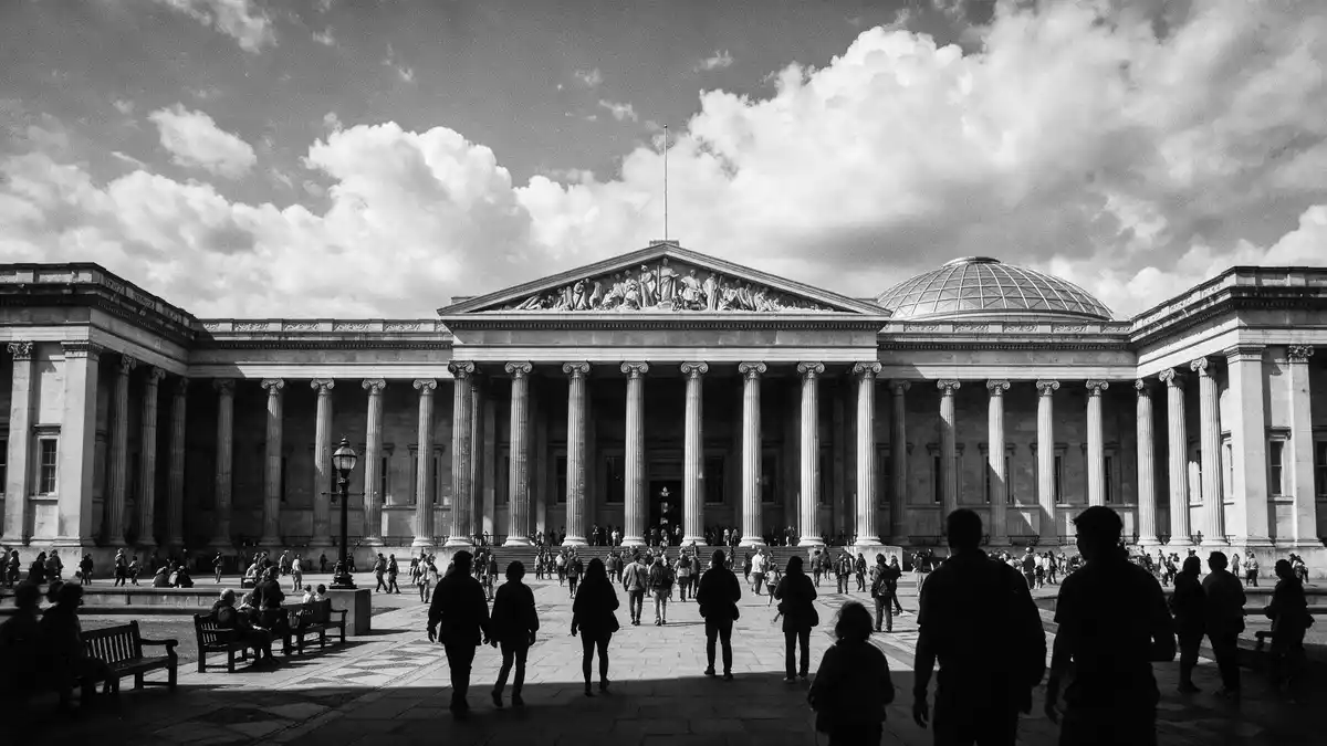 Schwarzweiss-Reportage vom Wahrzeichen British Museum London in London, Vereinigtes Königreich