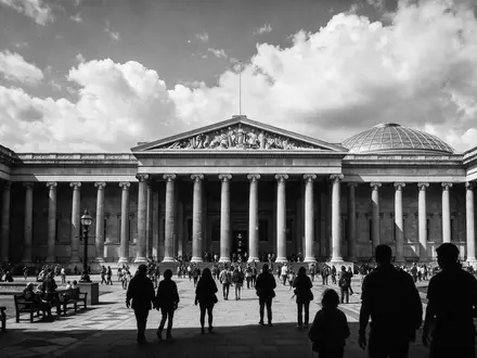 Schwarzweiss-Reportagebild vom Wahrzeichen British Museum London in London Vereinigtes Königreich, dokumentarische Reisefotografie mit starken Kontrasten - Foto: THN