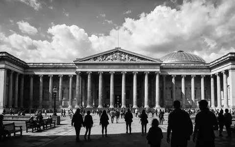 Schwarzweiss-Reportagebild vom Wahrzeichen British Museum London in London Vereinigtes Königreich, dokumentarische Reisefotografie mit starken Kontrasten - Foto: THN
