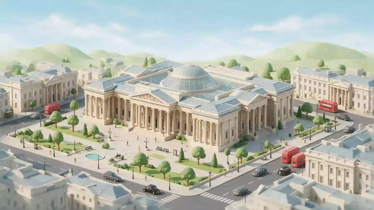 Isometrisches Diorama von British Museum London in London, Vereinigtes Königreich in Pastell