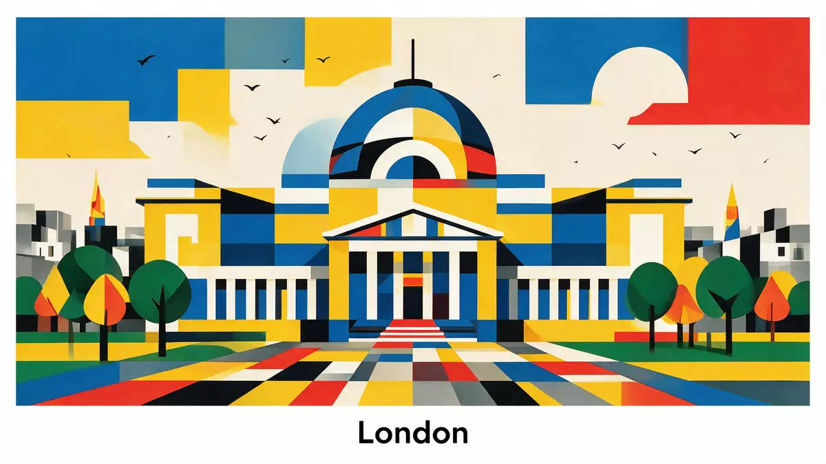 Bauhaus-Poster als Abstraktion von British Museum London in London, Vereinigtes Königreich