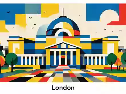 Bauhaus-Poster als geometrische Abstraktion von British Museum London in London Vereinigtes Königreich, kraeftige Grundfarben und - Foto: THN