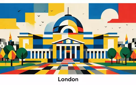 Bauhaus-Poster als geometrische Abstraktion von British Museum London in London Vereinigtes Königreich, kraeftige Grundfarben und - Foto: THN