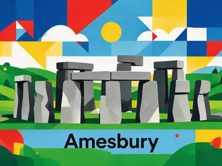 Bauhaus-Poster als geometrische Abstraktion von Stonehenge in Amesbury Vereinigtes Königreich, kraeftige Grundfarben und harte Formkanten - Foto: THN