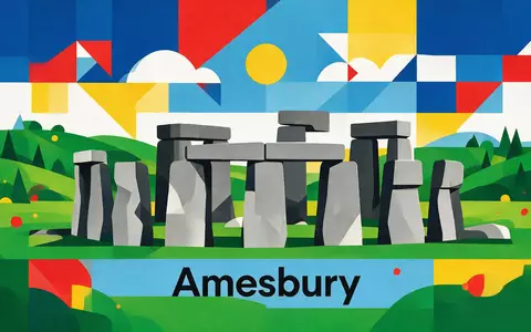 Bauhaus-Poster als geometrische Abstraktion von Stonehenge in Amesbury Vereinigtes Königreich, kraeftige Grundfarben und harte Formkanten - Foto: THN