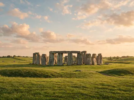 Fotorealistische Panoramaaufnahme von Stonehenge in Amesbury Vereinigtes Königreich, warmes Abendlicht auf Wahrzeichen - Foto: THN