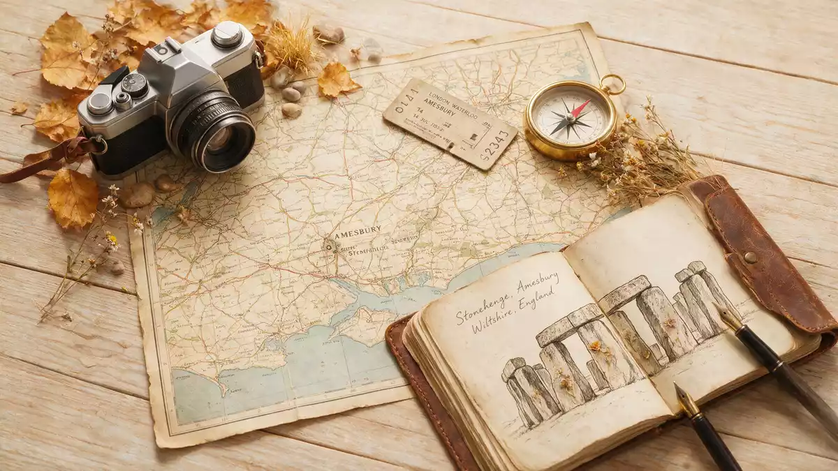 Flatlay-Reise-Arrangement rund um Stonehenge in Amesbury, Vereinigtes Königreich