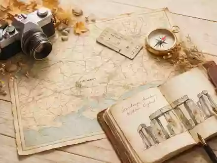 Flatlay-Reise-Arrangement rund um Stonehenge in Amesbury Vereinigtes Königreich, Karte Kompass Kamera und generische Reiserequisiten - Foto: THN
