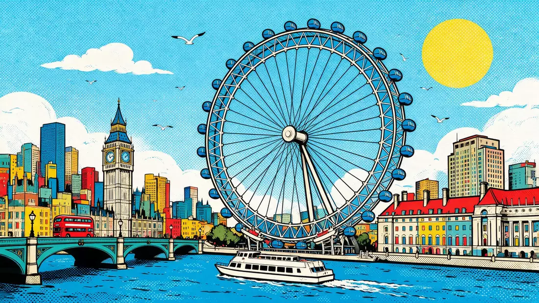 Pop-Art-Comic von London Eye in London, Vereinigtes Königreich mit Rasterpunkten