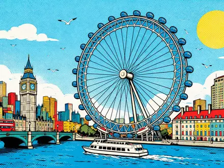Pop-Art-Comicillustration des Wahrzeichens London Eye in London Vereinigtes Königreich, kraeftige Konturen Rasterpunkte und satte Farben - Foto: THN