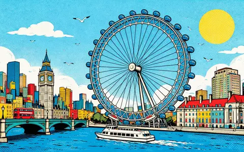 Pop-Art-Comicillustration des Wahrzeichens London Eye in London Vereinigtes Königreich, kraeftige Konturen Rasterpunkte und satte Farben - Foto: THN