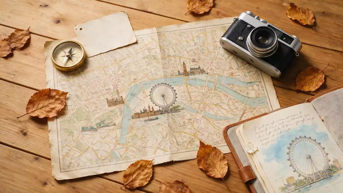 Flatlay-Reise-Arrangement rund um London Eye in London, Vereinigtes Königreich