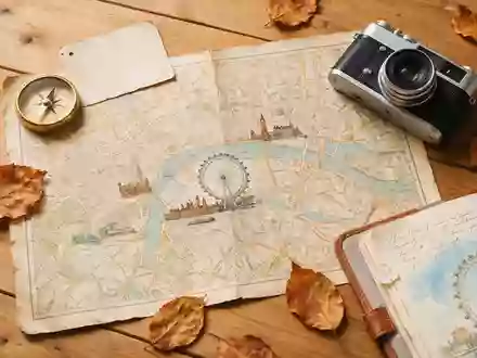 Flatlay-Reise-Arrangement rund um London Eye in London Vereinigtes Königreich, Karte Kompass Kamera und generische Reiserequisiten - Foto: THN