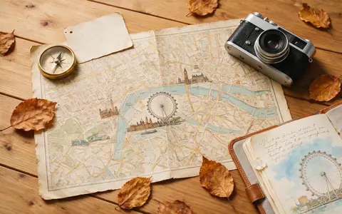 Flatlay-Reise-Arrangement rund um London Eye in London Vereinigtes Königreich, Karte Kompass Kamera und generische Reiserequisiten - Foto: THN