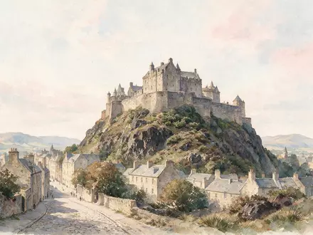 Aquarellillustration des Wahrzeichens Edinburgh Castle in Edinburgh Vereinigtes Königreich, weiche Farbverläufe und pastelliges Reiseposter-Feeling - Foto: THN