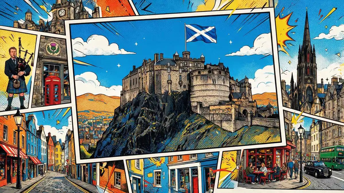 Pop-Art-Comic von Edinburgh Castle in Edinburgh, Vereinigtes Königreich mit Rasterpunkten
