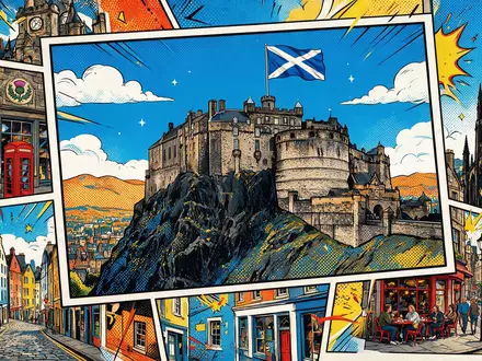 Pop-Art-Comicillustration des Wahrzeichens Edinburgh Castle in Edinburgh Vereinigtes Königreich, kraeftige Konturen Rasterpunkte und satte Farben - Foto: THN