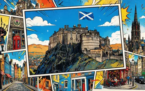 Pop-Art-Comicillustration des Wahrzeichens Edinburgh Castle in Edinburgh Vereinigtes Königreich, kraeftige Konturen Rasterpunkte und satte Farben - Foto: THN