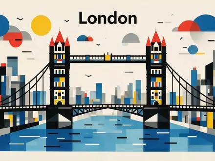 Bauhaus-Poster als geometrische Abstraktion von Tower Bridge London in London Vereinigtes Königreich, kraeftige Grundfarben und - Foto: THN