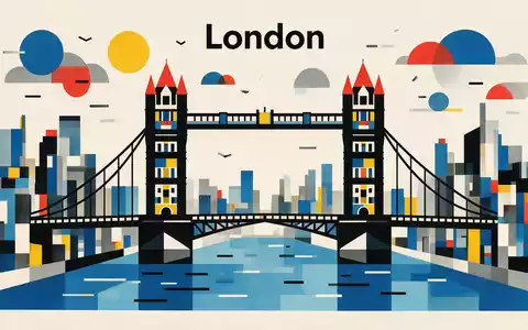 Bauhaus-Poster als geometrische Abstraktion von Tower Bridge London in London Vereinigtes Königreich, kraeftige Grundfarben und - Foto: THN