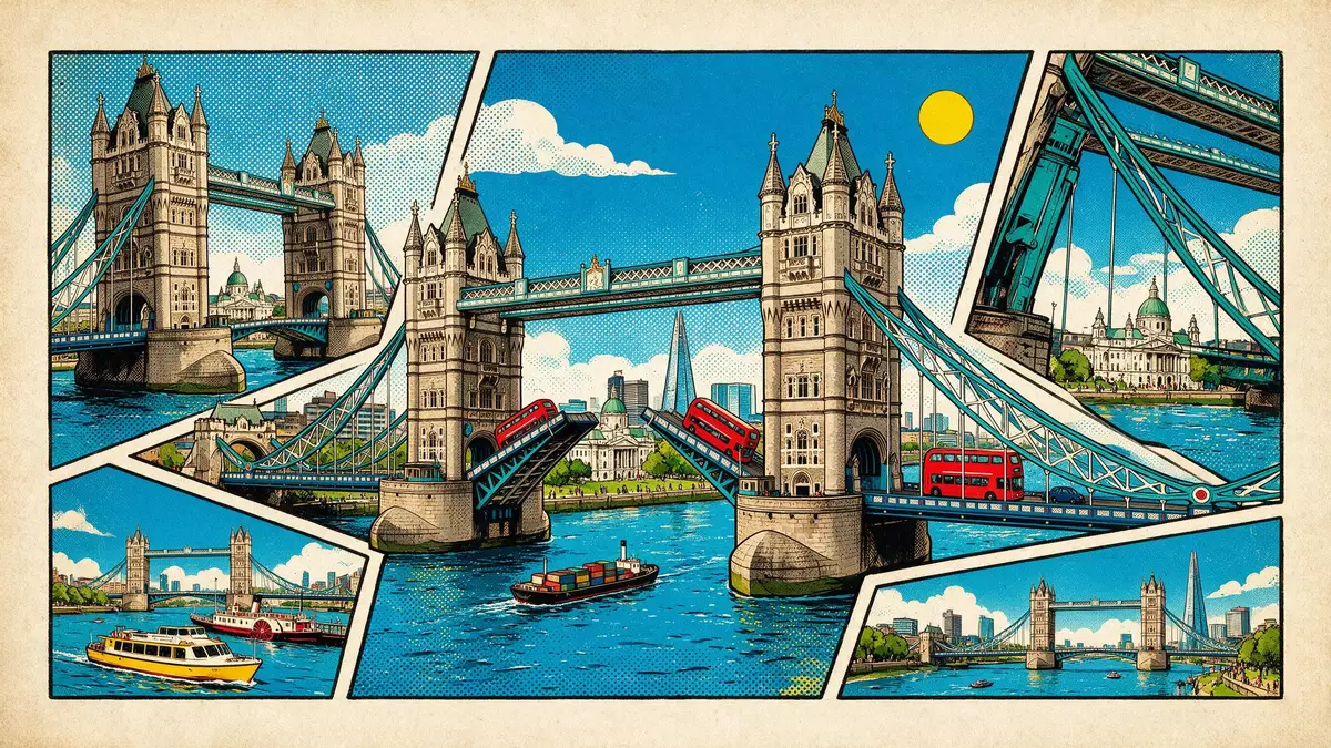 Pop-Art-Comic von Tower Bridge London in London, Vereinigtes Königreich mit Rasterpunkten