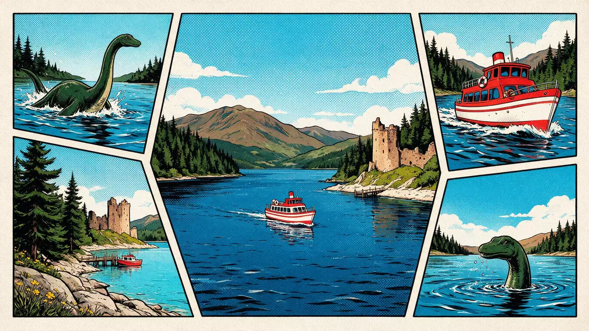 Pop-Art-Comic von Loch Ness in Inverness, Vereinigtes Königreich mit Rasterpunkten