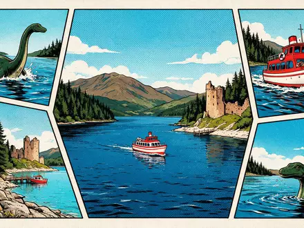 Pop-Art-Comicillustration des Wahrzeichens Loch Ness in Inverness Vereinigtes Königreich, kraeftige Konturen Rasterpunkte und satte Farben - Foto: THN