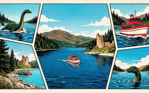 Pop-Art-Comicillustration des Wahrzeichens Loch Ness in Inverness Vereinigtes Königreich, kraeftige Konturen Rasterpunkte und satte Farben - Foto: THN