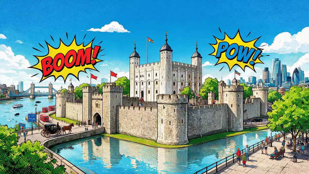 Pop-Art-Comic von Tower of London in London, Vereinigtes Königreich mit Rasterpunkten